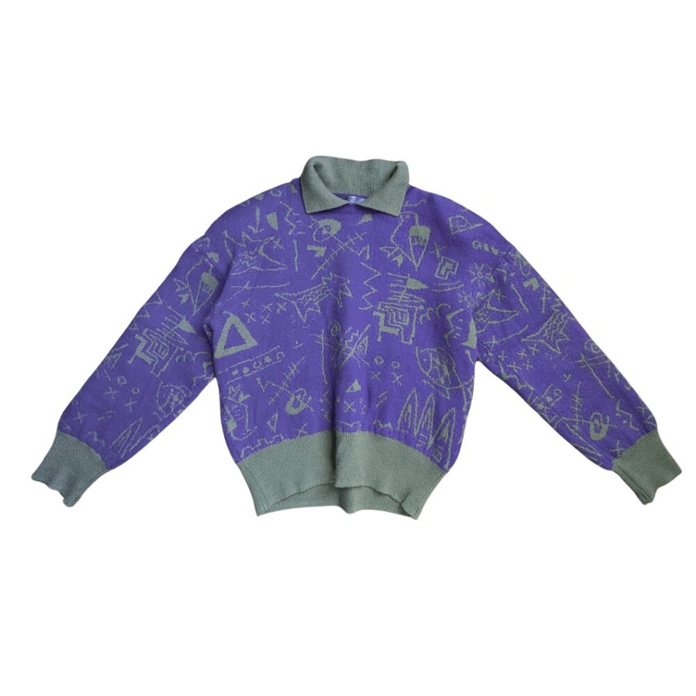 Vintage Olive Green and Purple Wool Doodle Knit Collard Sweater